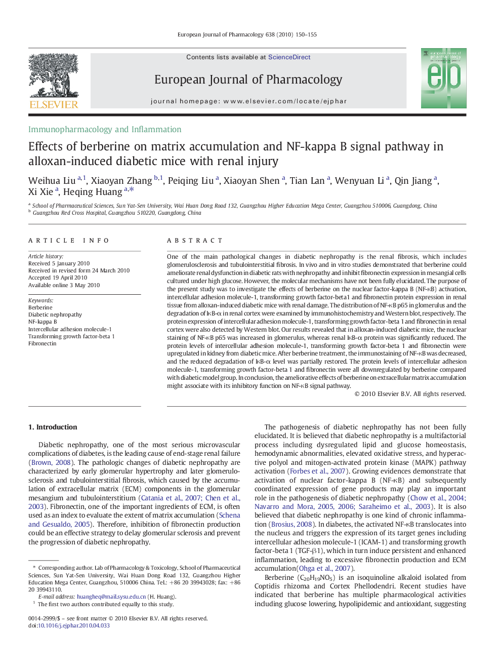 Effects of berberine on matrix accumulation and NF-kappa B signal pathway in alloxan-induced diabetic mice with renal injury