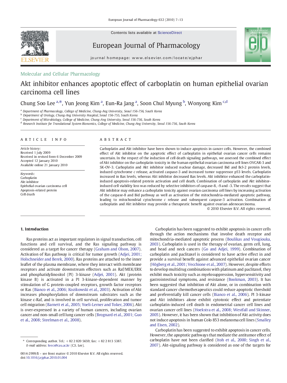 Akt inhibitor enhances apoptotic effect of carboplatin on human epithelial ovarian carcinoma cell lines