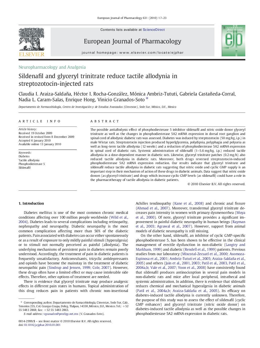 Sildenafil and glyceryl trinitrate reduce tactile allodynia in streptozotocin-injected rats