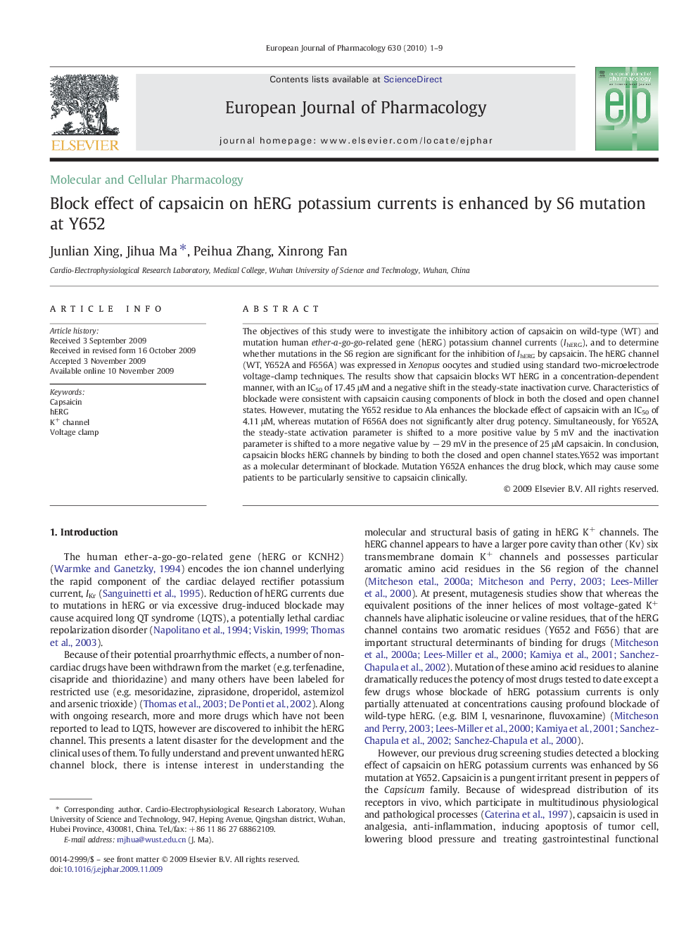 Block effect of capsaicin on hERG potassium currents is enhanced by S6 mutation at Y652