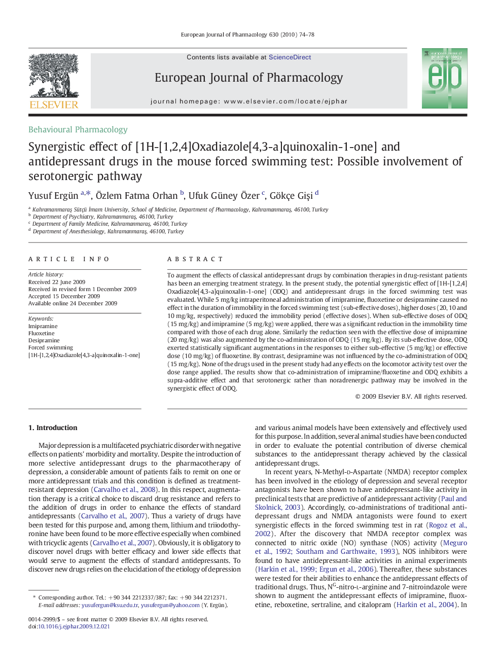 Synergistic effect of [1H-[1,2,4]Oxadiazole[4,3-a]quinoxalin-1-one] and antidepressant drugs in the mouse forced swimming test: Possible involvement of serotonergic pathway