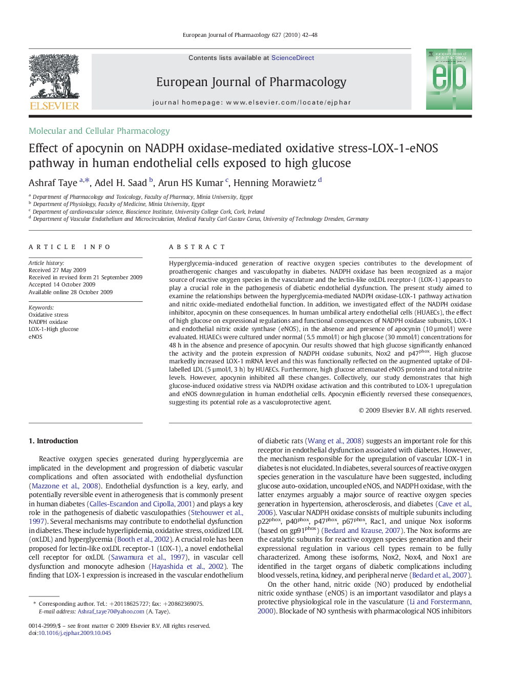 Effect of apocynin on NADPH oxidase-mediated oxidative stress-LOX-1-eNOS pathway in human endothelial cells exposed to high glucose