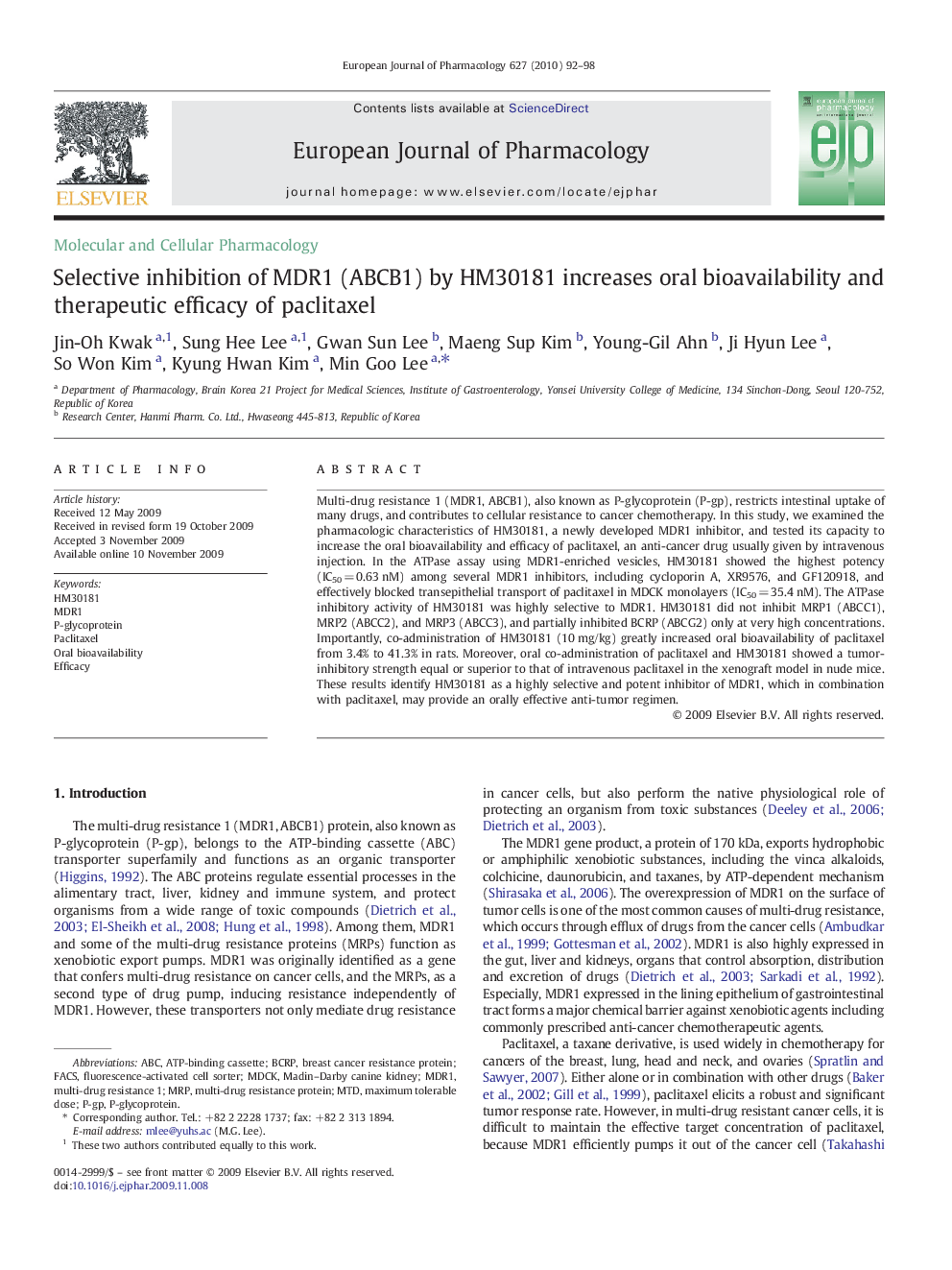 Selective inhibition of MDR1 (ABCB1) by HM30181 increases oral bioavailability and therapeutic efficacy of paclitaxel