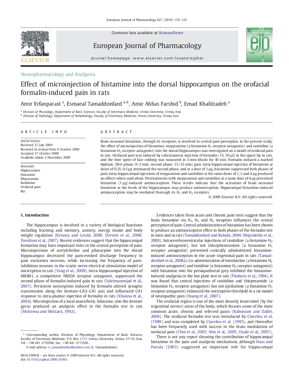 Effect of microinjection of histamine into the dorsal hippocampus on the orofacial formalin-induced pain in rats