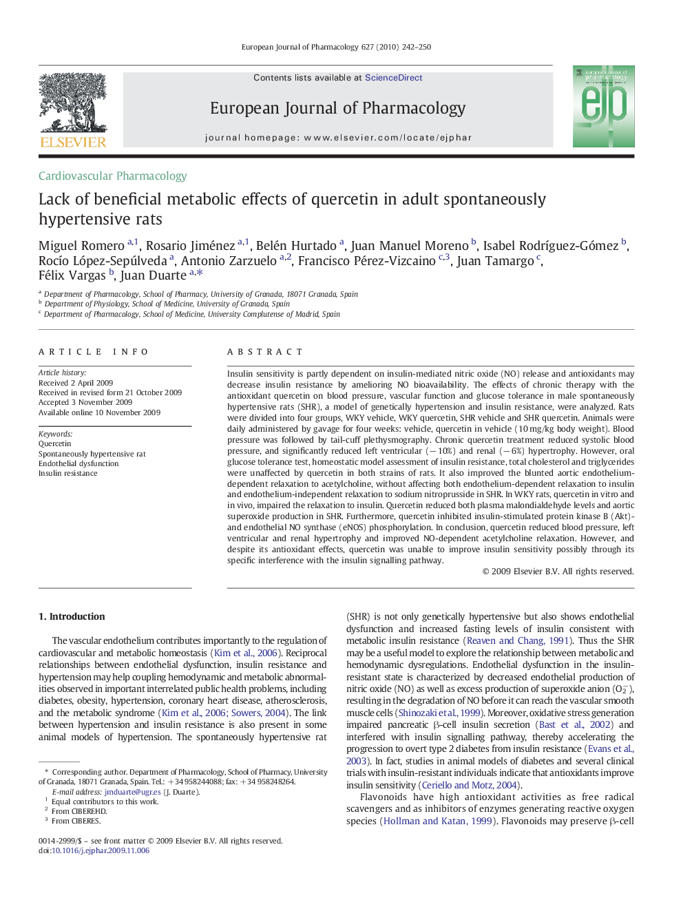 Lack of beneficial metabolic effects of quercetin in adult spontaneously hypertensive rats