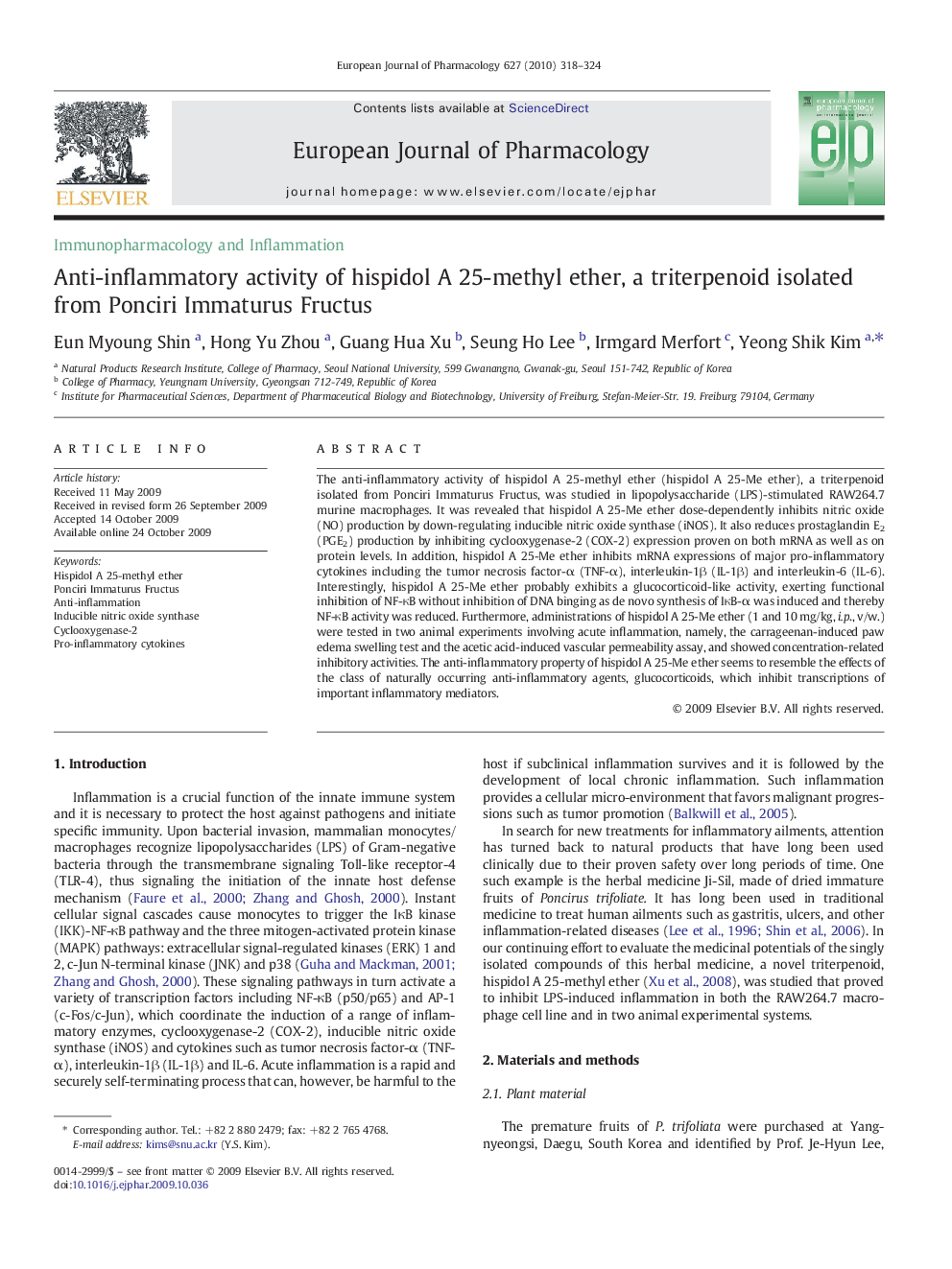 Anti-inflammatory activity of hispidol A 25-methyl ether, a triterpenoid isolated from Ponciri Immaturus Fructus