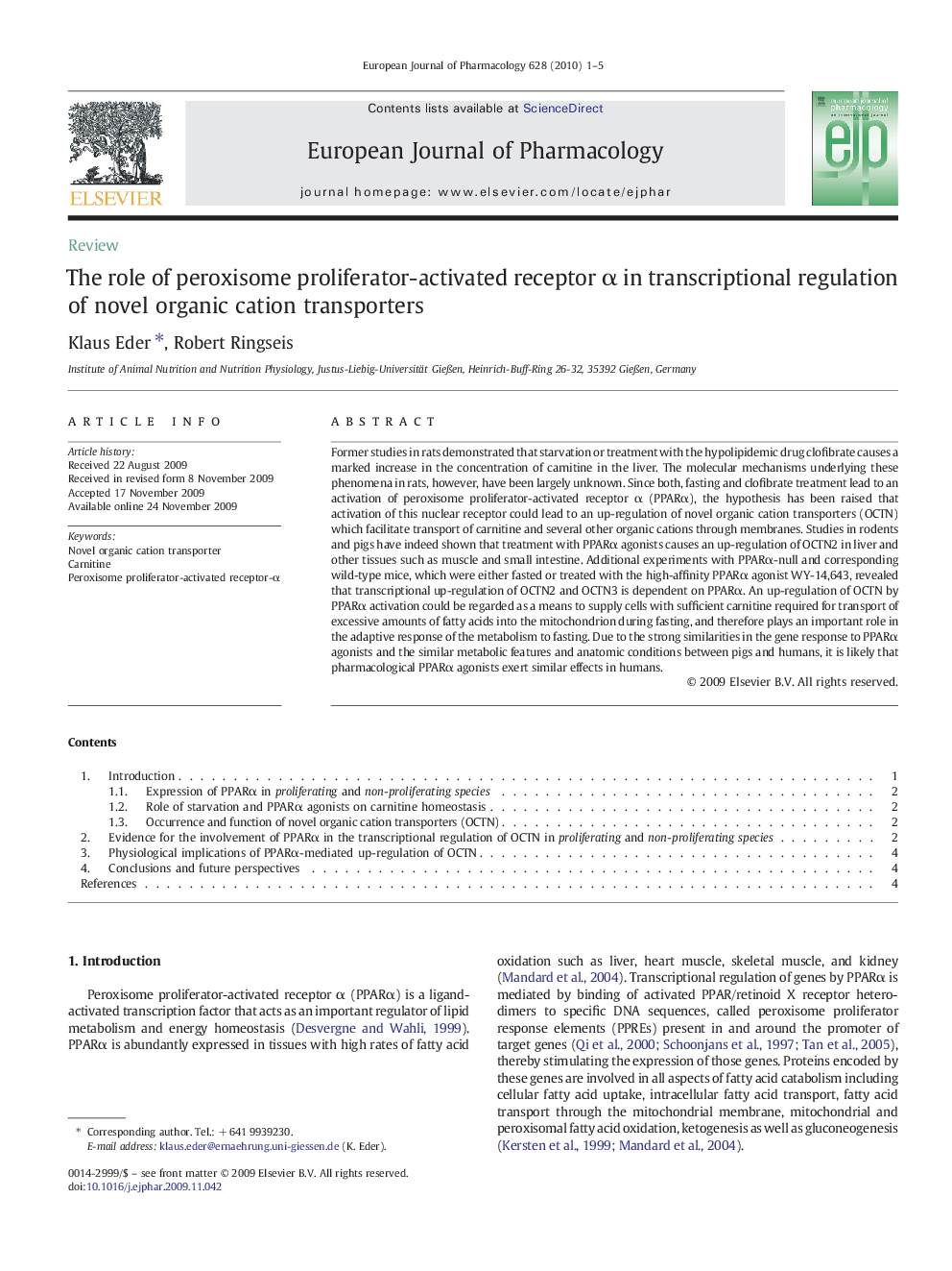 The role of peroxisome proliferator-activated receptor α in transcriptional regulation of novel organic cation transporters