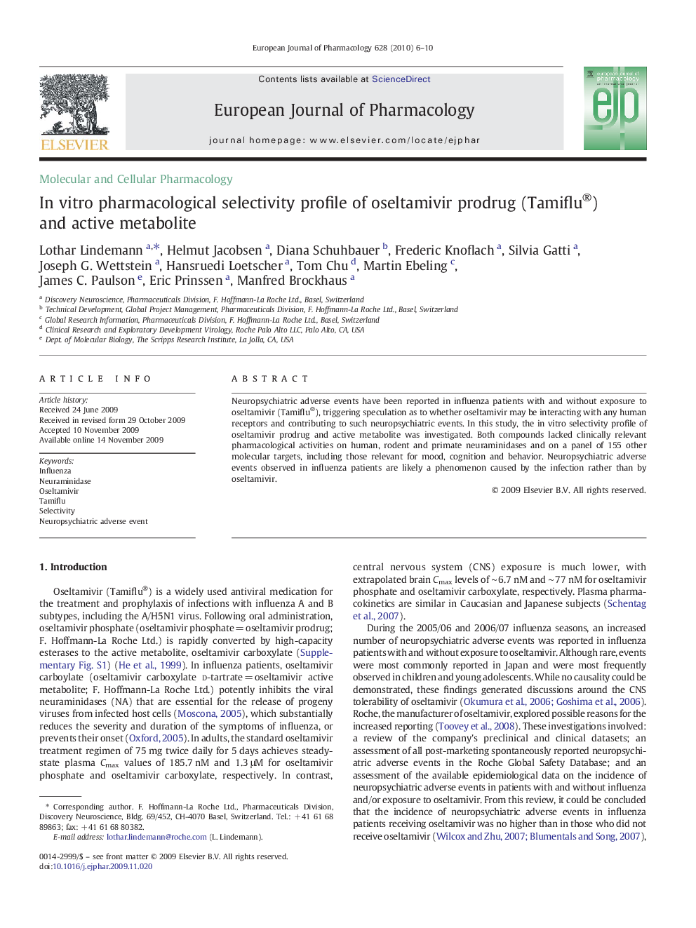 In vitro pharmacological selectivity profile of oseltamivir prodrug (Tamiflu®) and active metabolite