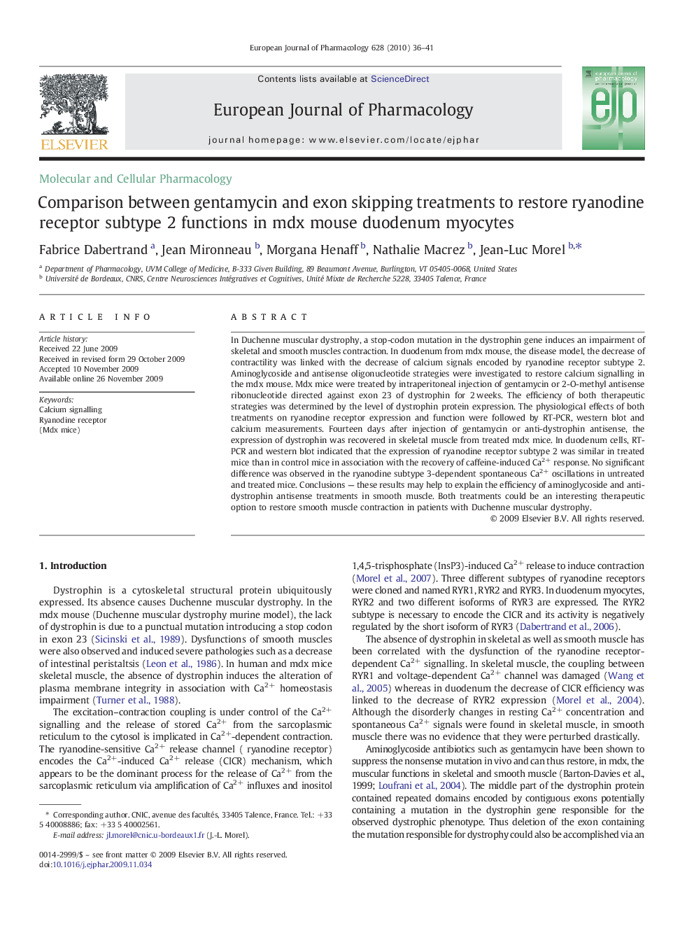 Comparison between gentamycin and exon skipping treatments to restore ryanodine receptor subtype 2 functions in mdx mouse duodenum myocytes