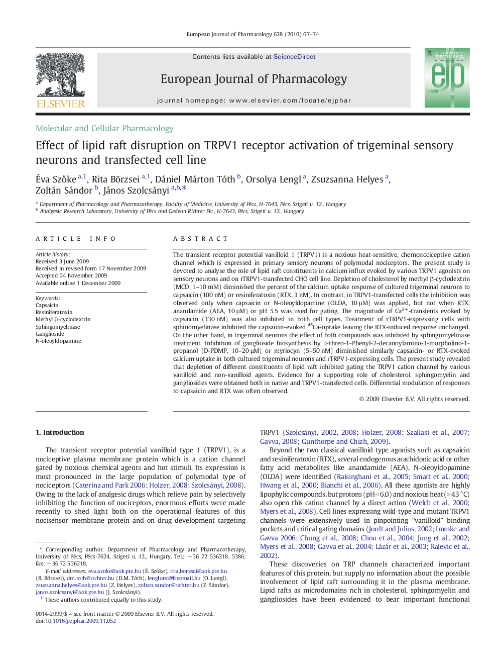 Effect of lipid raft disruption on TRPV1 receptor activation of trigeminal sensory neurons and transfected cell line