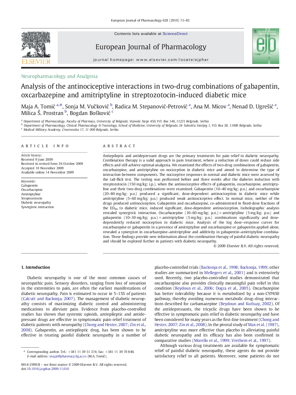 Analysis of the antinociceptive interactions in two-drug combinations of gabapentin, oxcarbazepine and amitriptyline in streptozotocin-induced diabetic mice