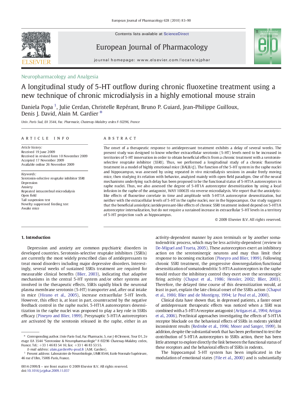 A longitudinal study of 5-HT outflow during chronic fluoxetine treatment using a new technique of chronic microdialysis in a highly emotional mouse strain