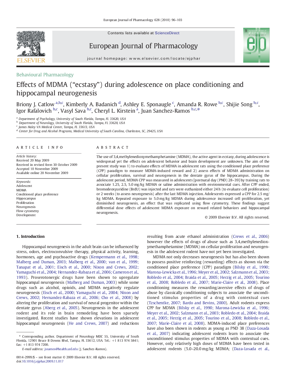 Effects of MDMA (“ecstasy”) during adolescence on place conditioning and hippocampal neurogenesis