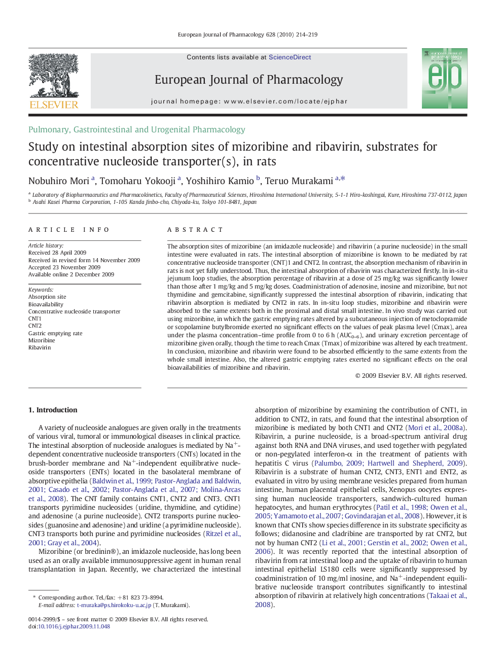 Study on intestinal absorption sites of mizoribine and ribavirin, substrates for concentrative nucleoside transporter(s), in rats