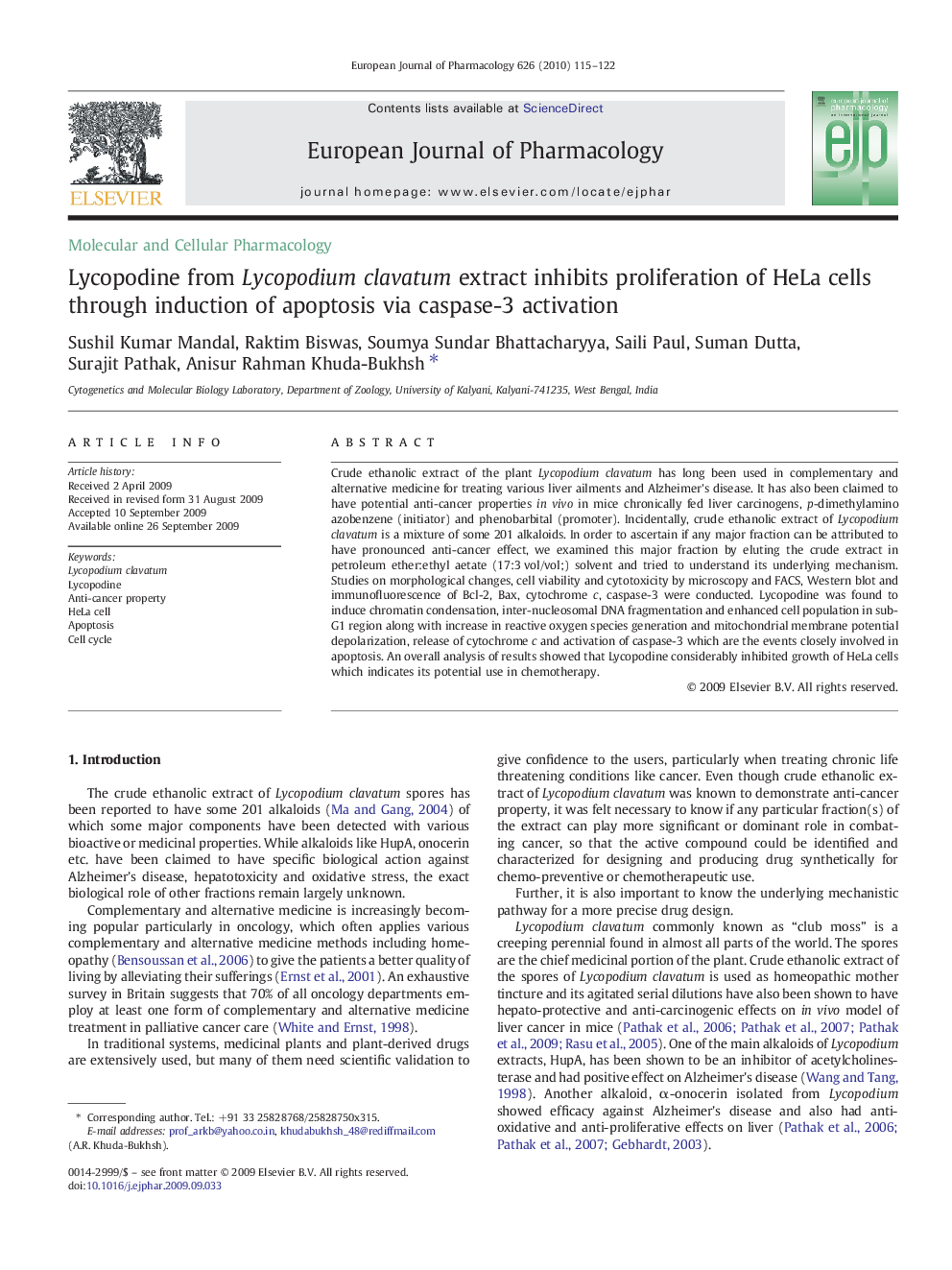 Lycopodine from Lycopodium clavatum extract inhibits proliferation of HeLa cells through induction of apoptosis via caspase-3 activation