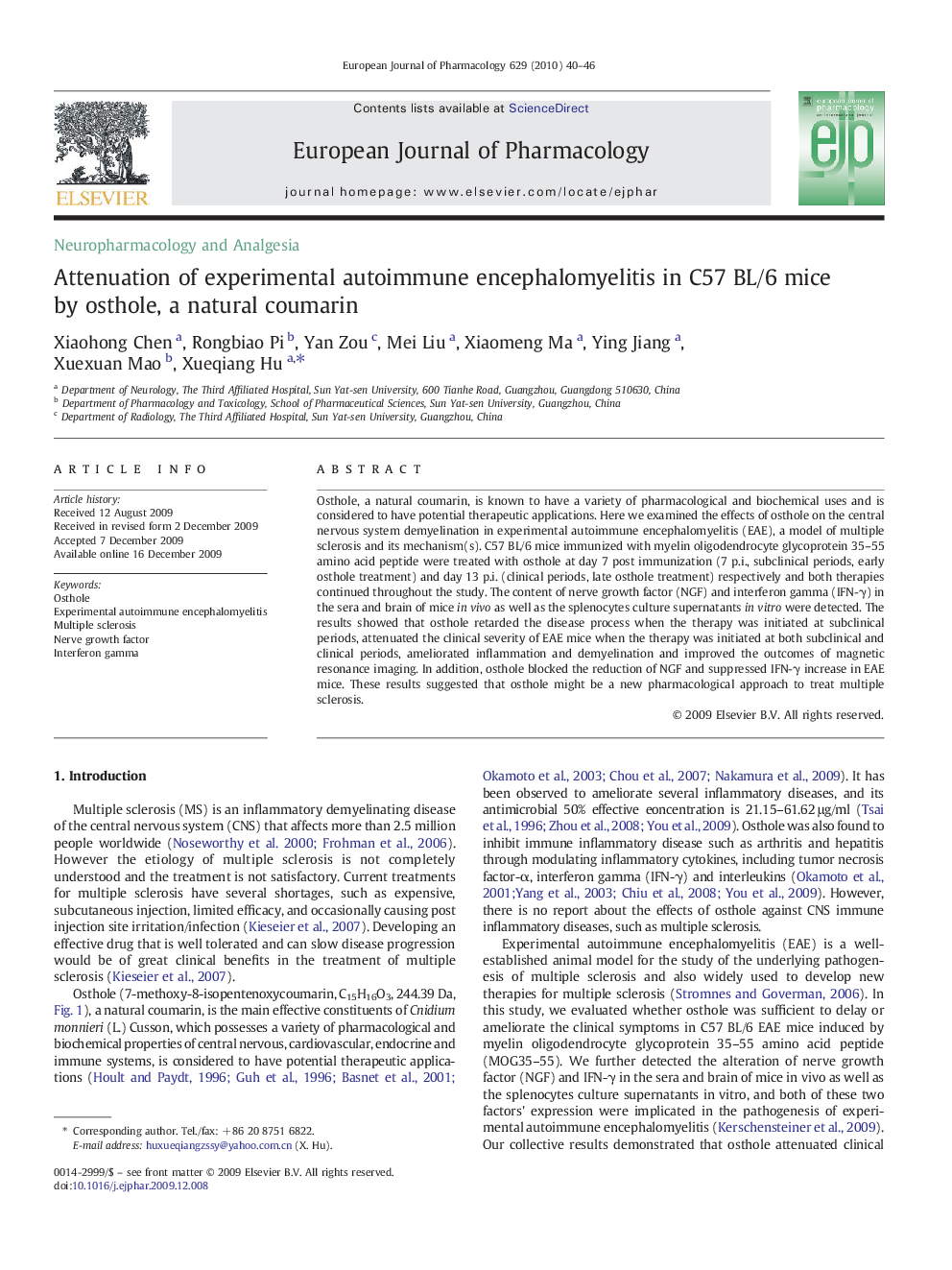 Attenuation of experimental autoimmune encephalomyelitis in C57 BL/6 mice by osthole, a natural coumarin