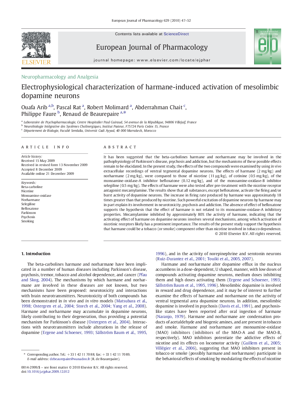 Electrophysiological characterization of harmane-induced activation of mesolimbic dopamine neurons