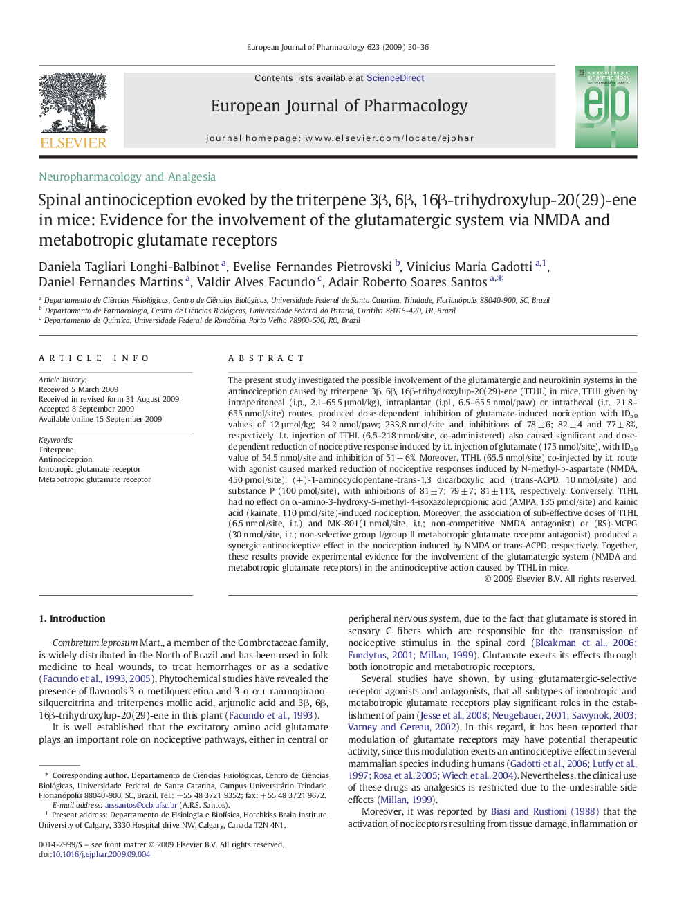 Spinal antinociception evoked by the triterpene 3β, 6β, 16β-trihydroxylup-20(29)-ene in mice: Evidence for the involvement of the glutamatergic system via NMDA and metabotropic glutamate receptors