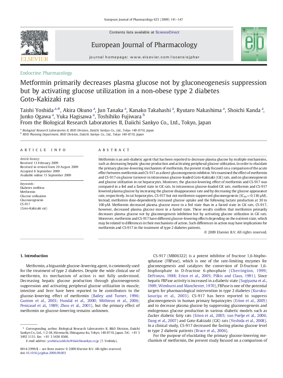 Metformin primarily decreases plasma glucose not by gluconeogenesis suppression but by activating glucose utilization in a non-obese type 2 diabetes Goto-Kakizaki rats