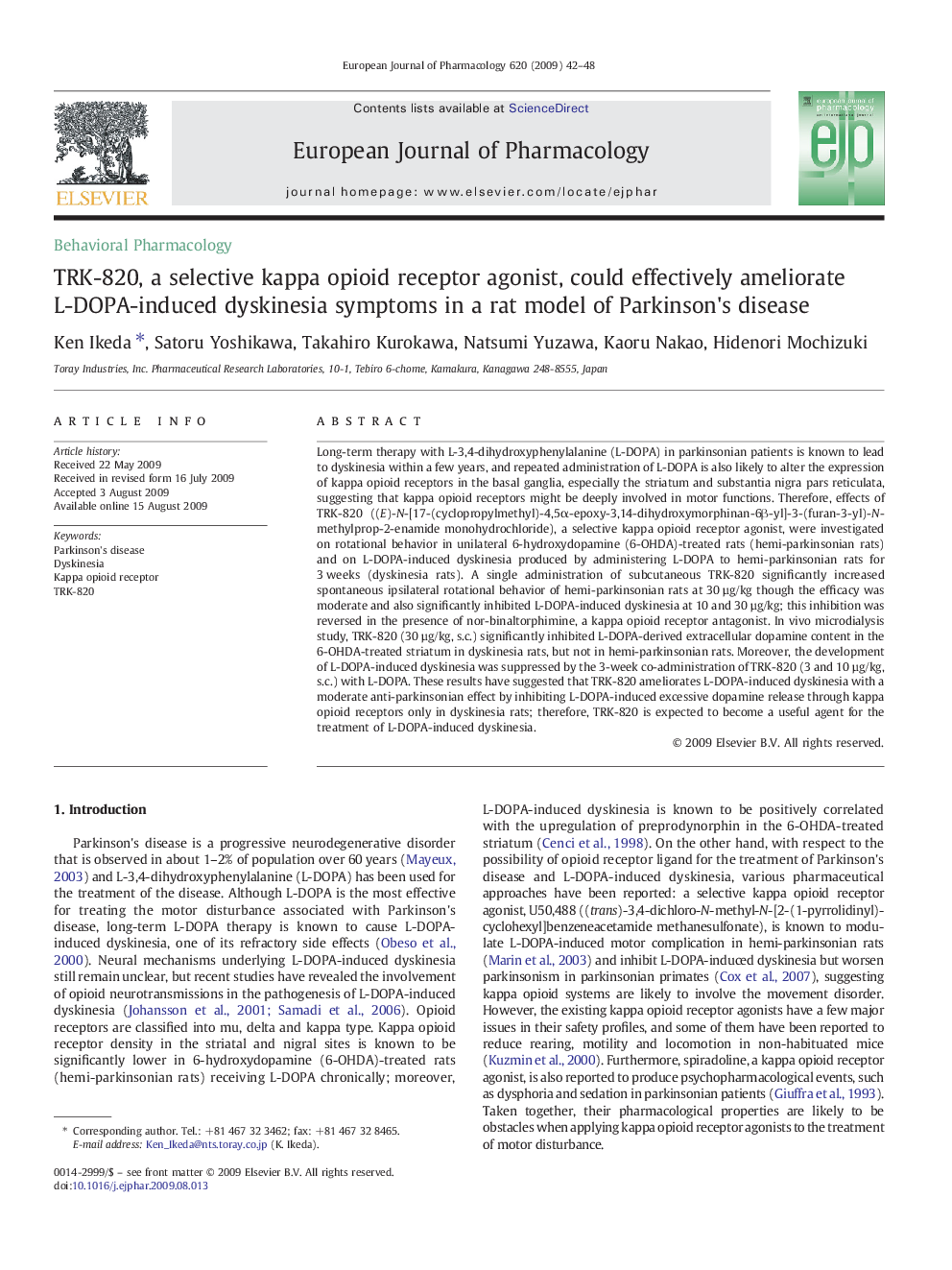 TRK-820, a selective kappa opioid receptor agonist, could effectively ameliorate L-DOPA-induced dyskinesia symptoms in a rat model of Parkinson's disease