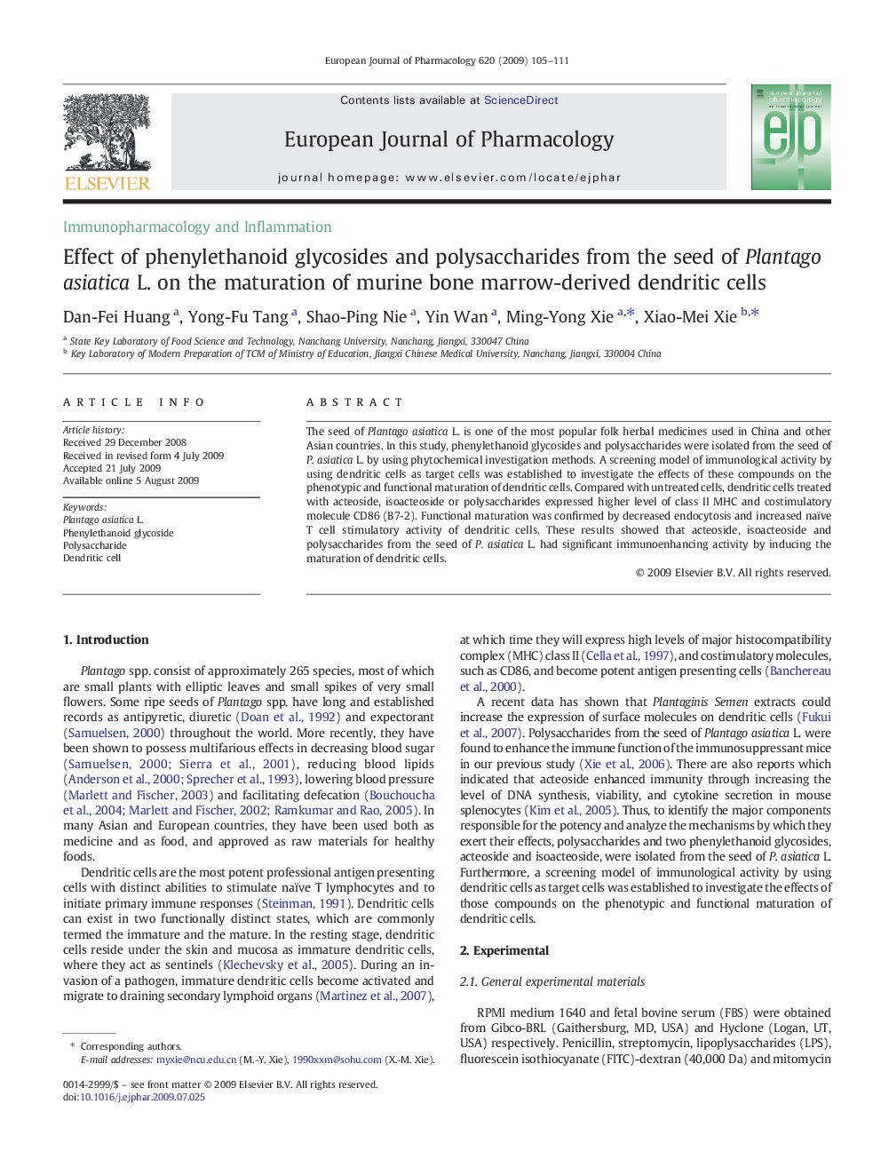 Effect of phenylethanoid glycosides and polysaccharides from the seed of Plantago asiatica L. on the maturation of murine bone marrow-derived dendritic cells