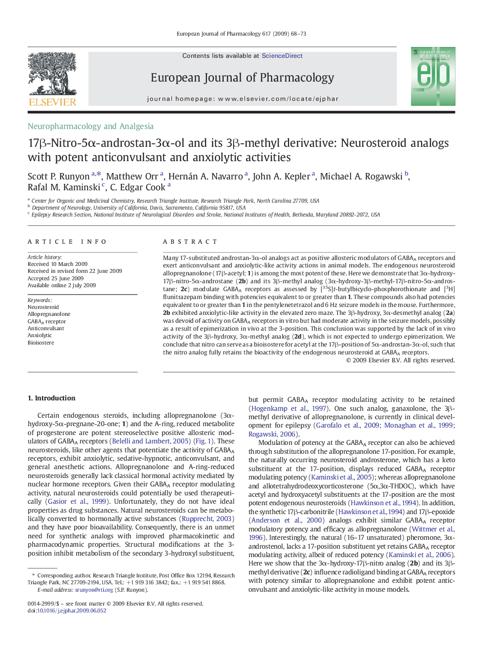 17β-Nitro-5α-androstan-3α-ol and its 3β-methyl derivative: Neurosteroid analogs with potent anticonvulsant and anxiolytic activities