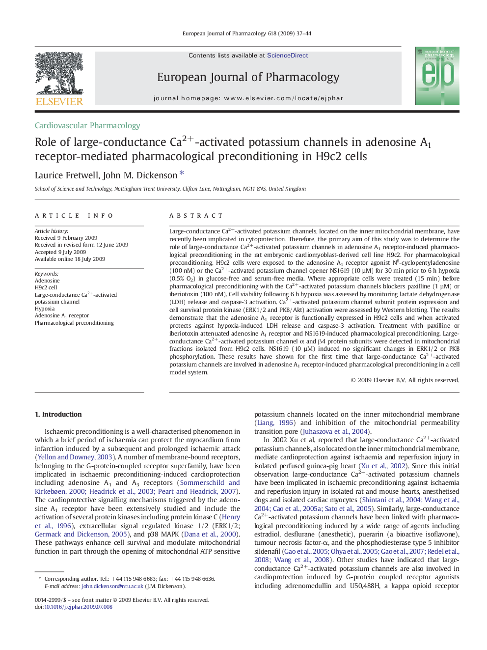 Role of large-conductance Ca2+-activated potassium channels in adenosine A1 receptor-mediated pharmacological preconditioning in H9c2 cells