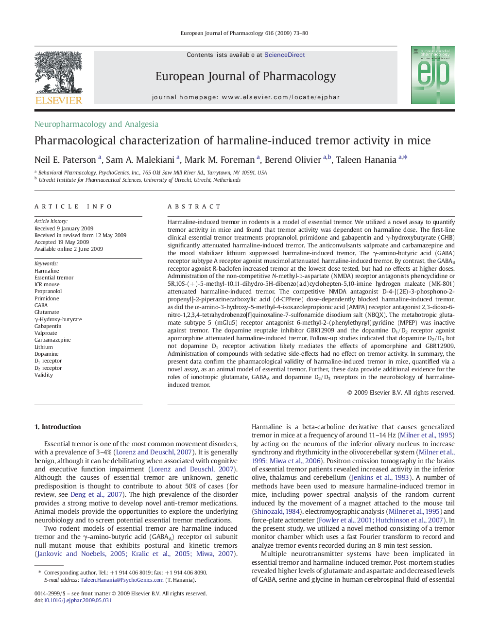 Pharmacological characterization of harmaline-induced tremor activity in mice