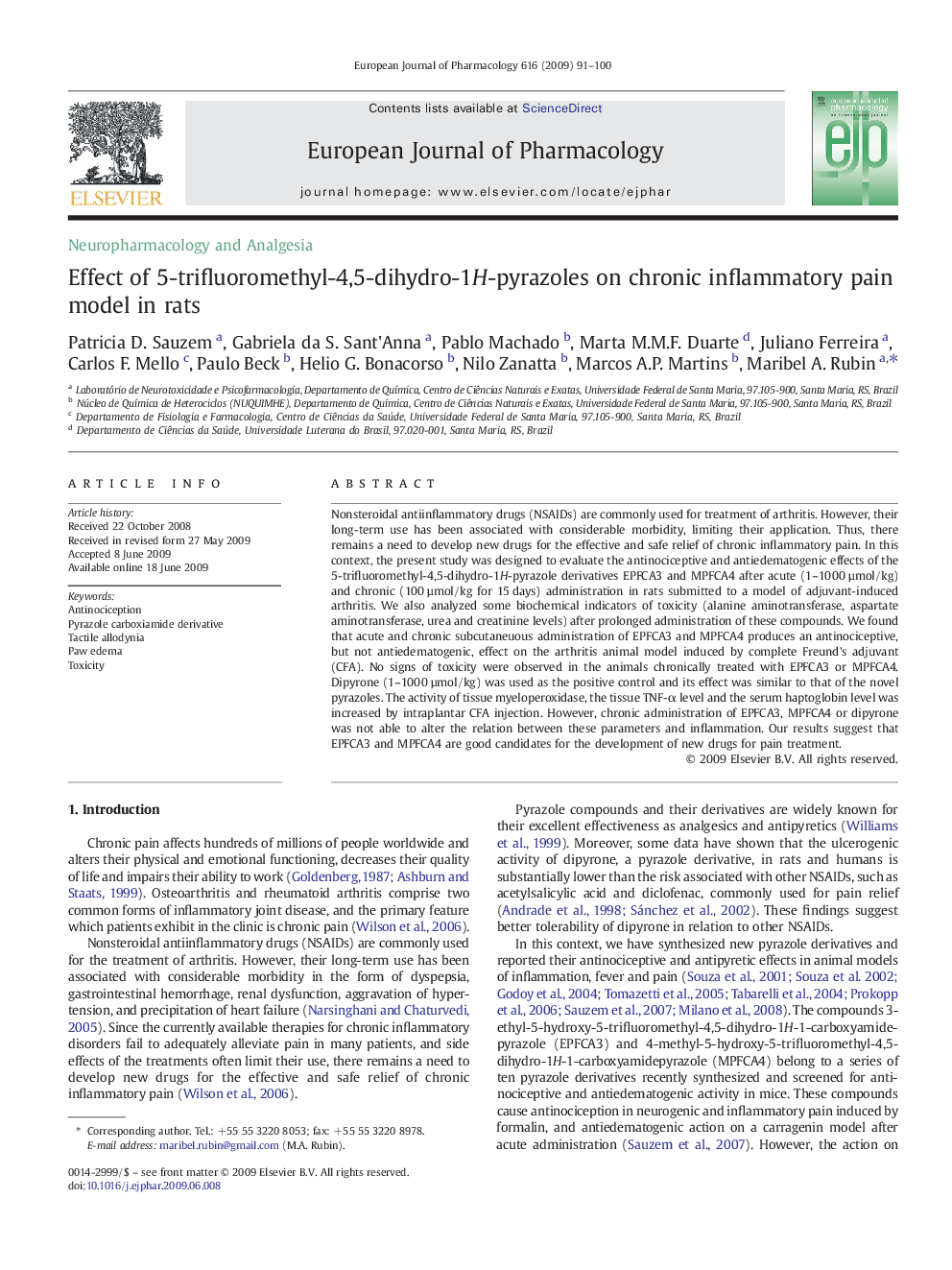 Effect of 5-trifluoromethyl-4,5-dihydro-1H-pyrazoles on chronic inflammatory pain model in rats