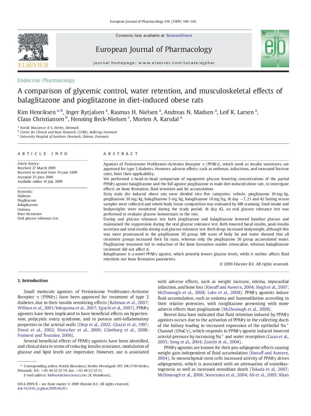 A comparison of glycemic control, water retention, and musculoskeletal effects of balaglitazone and pioglitazone in diet-induced obese rats