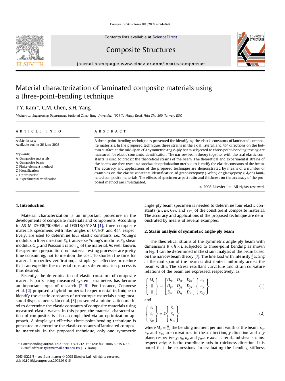 Material characterization of laminated composite materials using a three-point-bending technique