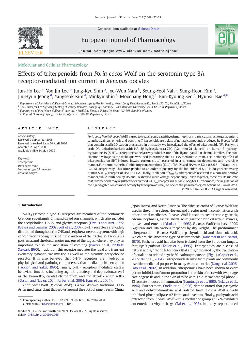 Effects of triterpenoids from Poria cocos Wolf on the serotonin type 3A receptor-mediated ion current in Xenopus oocytes