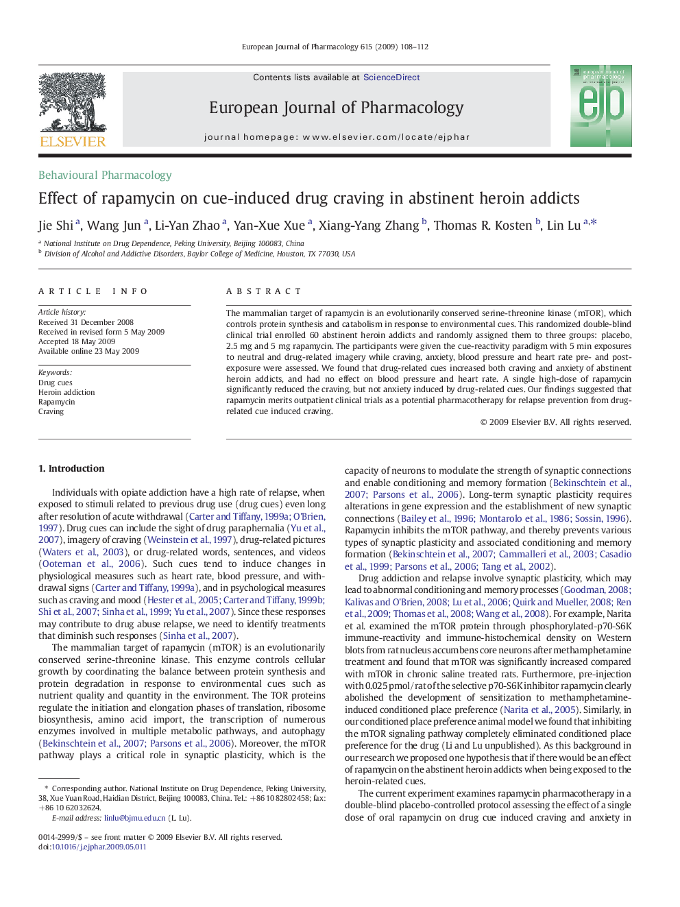 Effect of rapamycin on cue-induced drug craving in abstinent heroin addicts