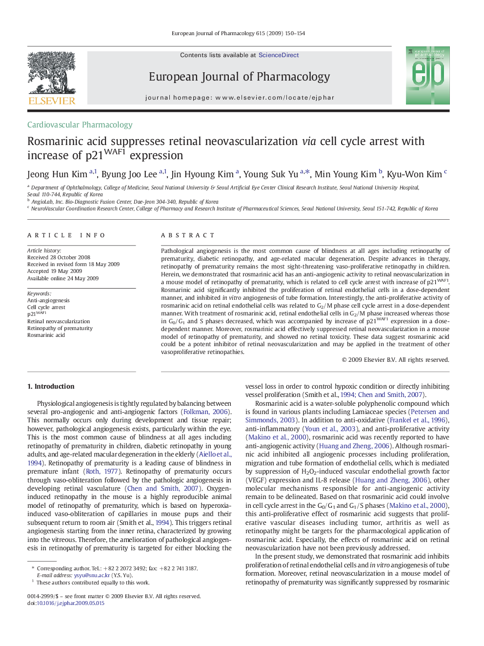 Rosmarinic acid suppresses retinal neovascularization via cell cycle arrest with increase of p21WAF1 expression