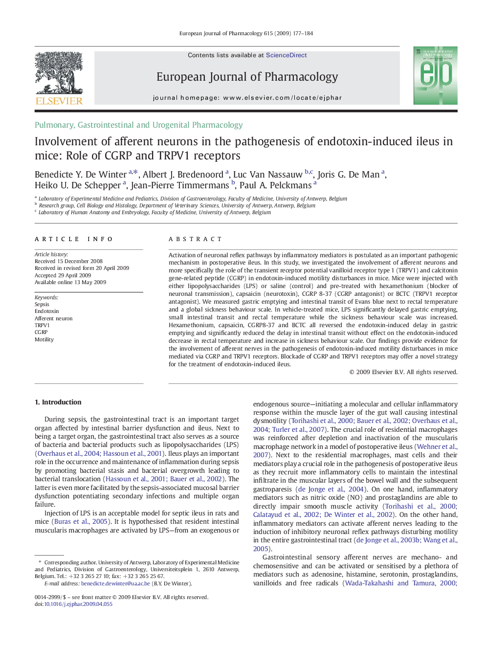 Involvement of afferent neurons in the pathogenesis of endotoxin-induced ileus in mice: Role of CGRP and TRPV1 receptors