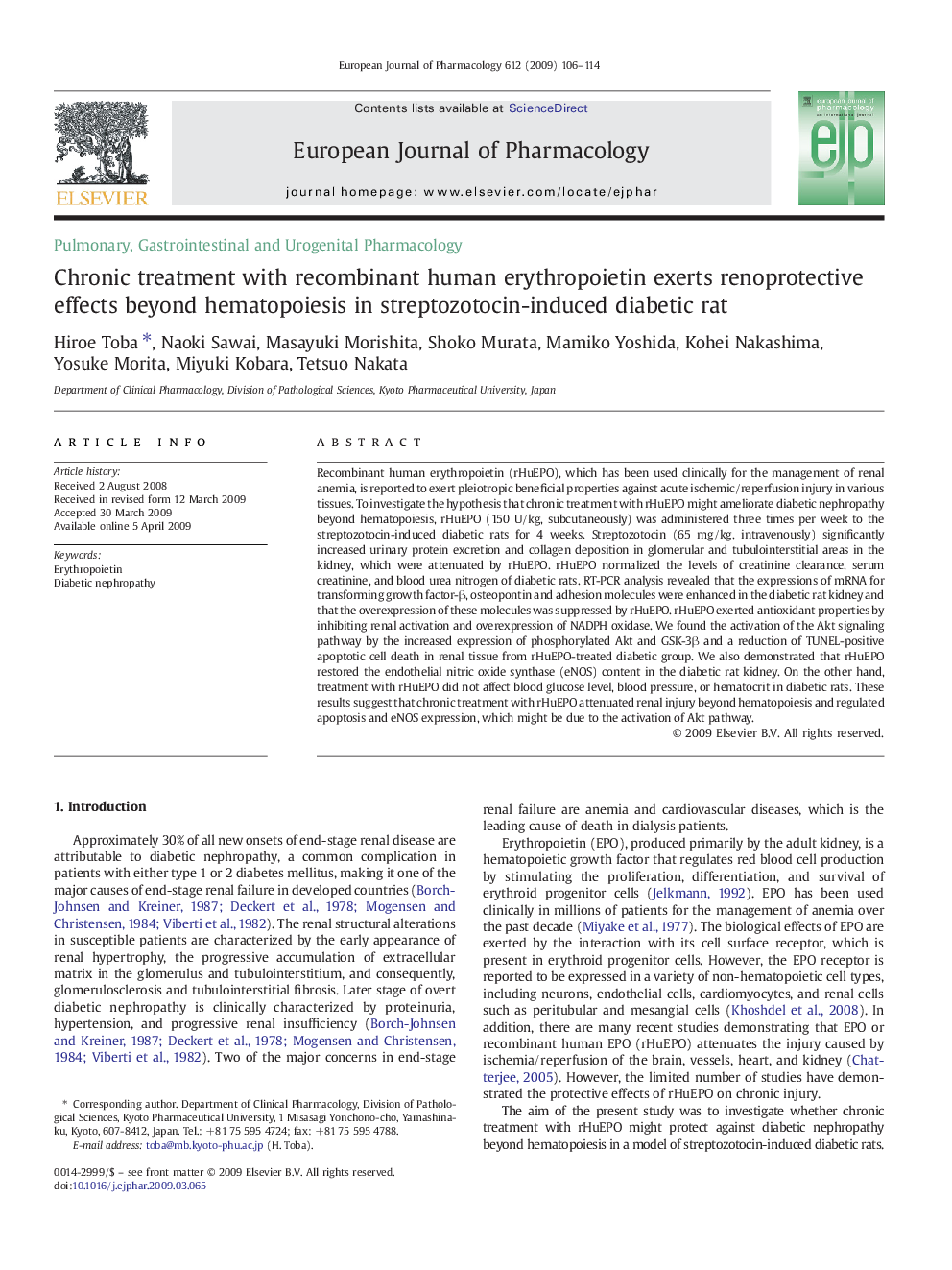 Chronic treatment with recombinant human erythropoietin exerts renoprotective effects beyond hematopoiesis in streptozotocin-induced diabetic rat