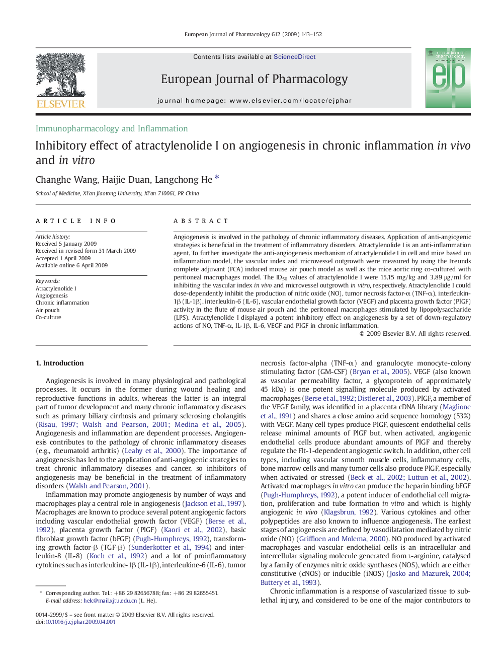 Inhibitory effect of atractylenolide I on angiogenesis in chronic inflammation in vivo and in vitro