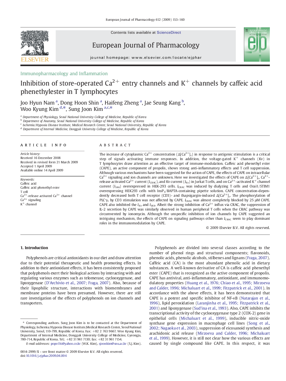 Inhibition of store-operated Ca2+ entry channels and K+ channels by caffeic acid phenethylester in T lymphocytes