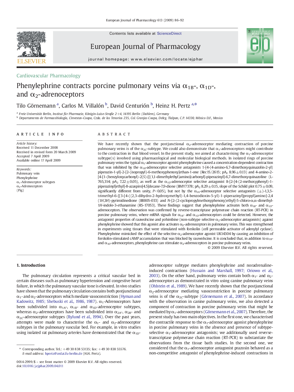 Phenylephrine contracts porcine pulmonary veins via α1B-, α1D-, and α2-adrenoceptors