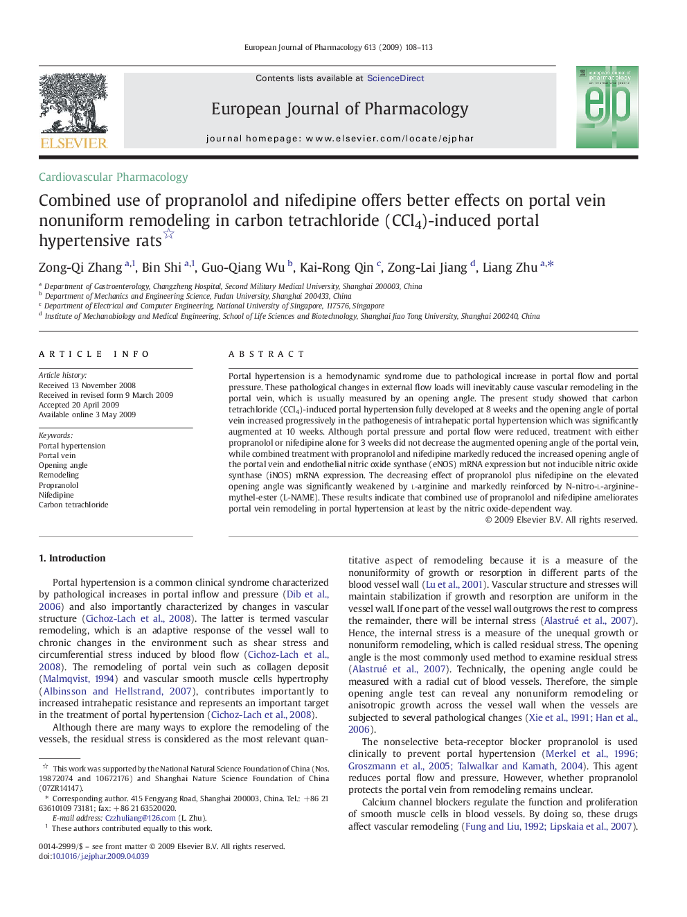 Combined use of propranolol and nifedipine offers better effects on portal vein nonuniform remodeling in carbon tetrachloride (CCl4)-induced portal hypertensive rats