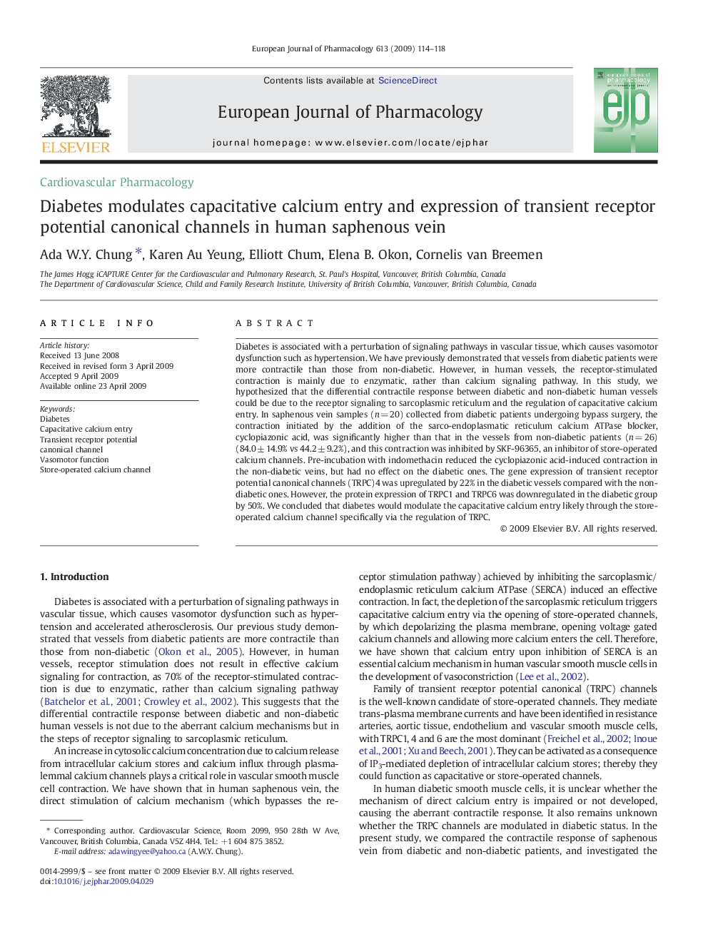 Diabetes modulates capacitative calcium entry and expression of transient receptor potential canonical channels in human saphenous vein