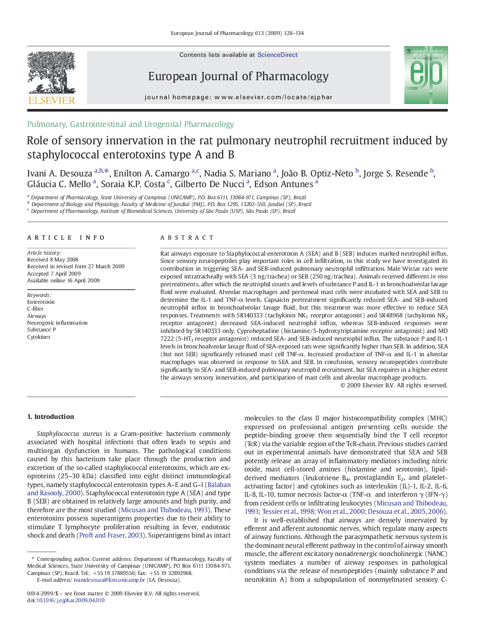 Role of sensory innervation in the rat pulmonary neutrophil recruitment induced by staphylococcal enterotoxins type A and B