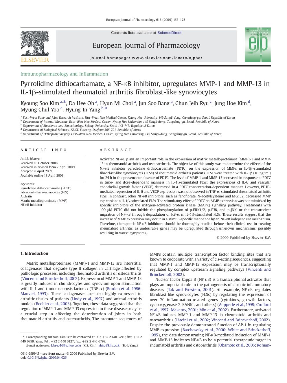 Pyrrolidine dithiocarbamate, a NF-κB inhibitor, upregulates MMP-1 and MMP-13 in IL-1β-stimulated rheumatoid arthritis fibroblast-like synoviocytes