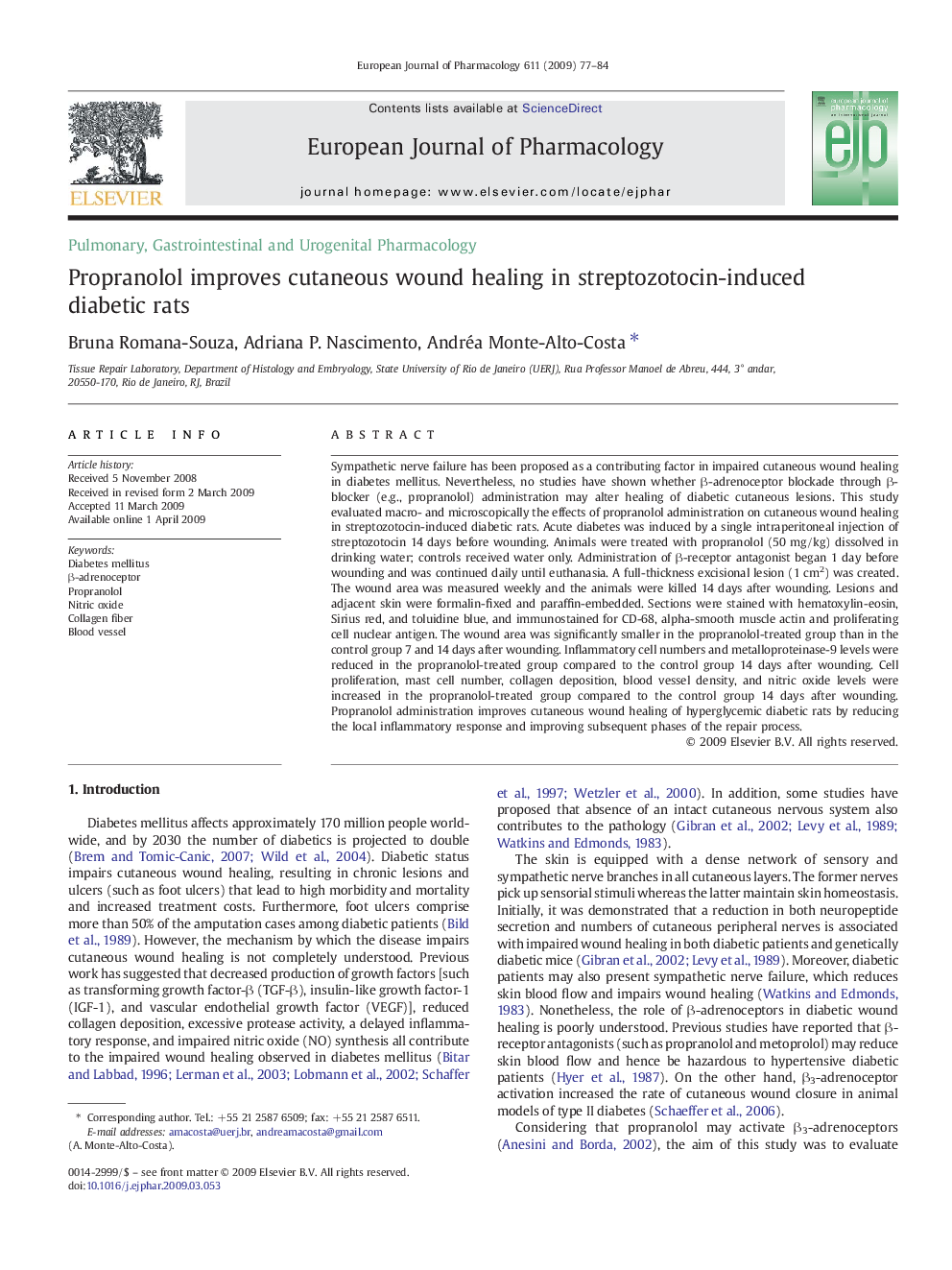 Propranolol improves cutaneous wound healing in streptozotocin-induced diabetic rats