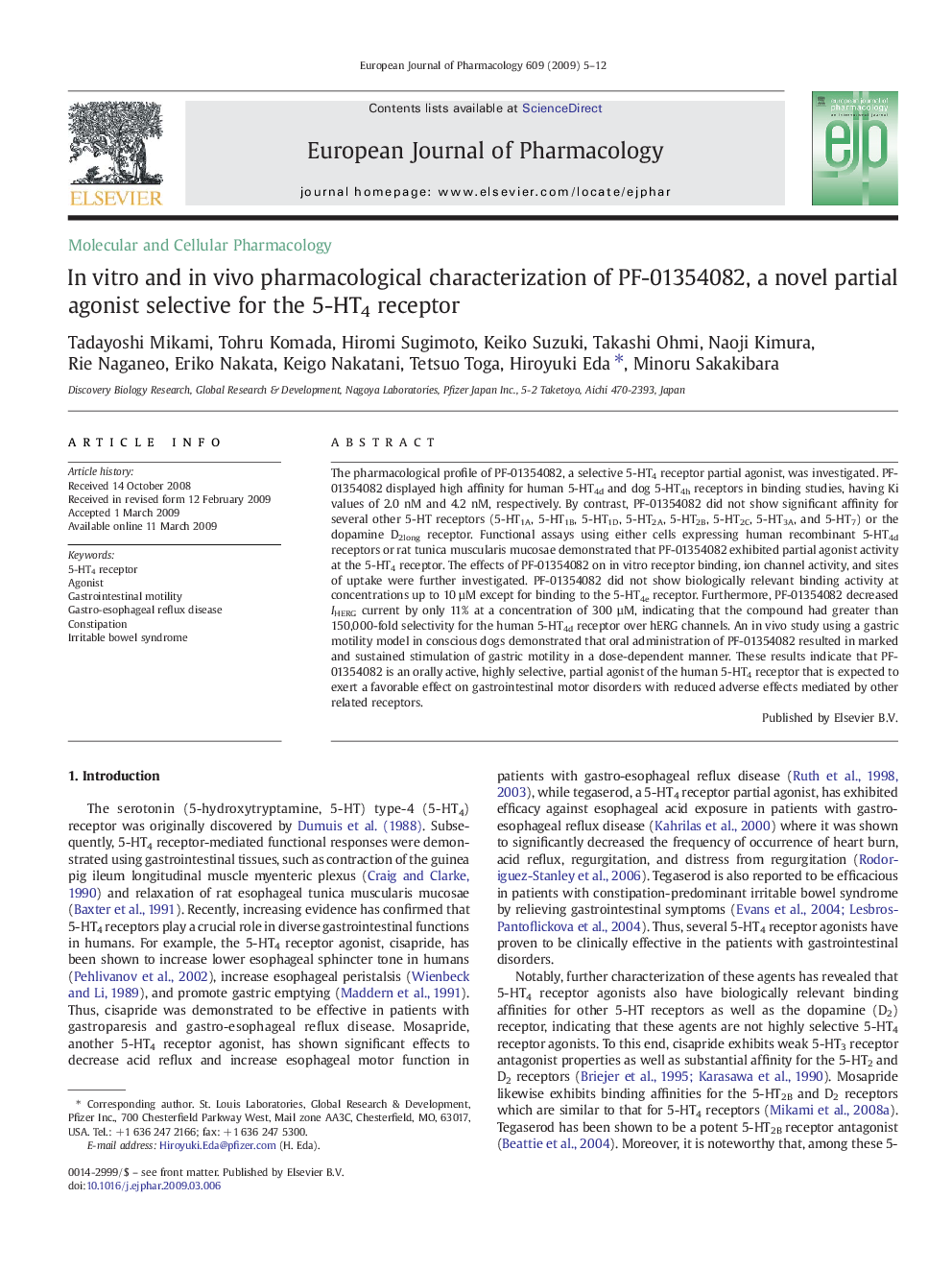 In vitro and in vivo pharmacological characterization of PF-01354082, a novel partial agonist selective for the 5-HT4 receptor