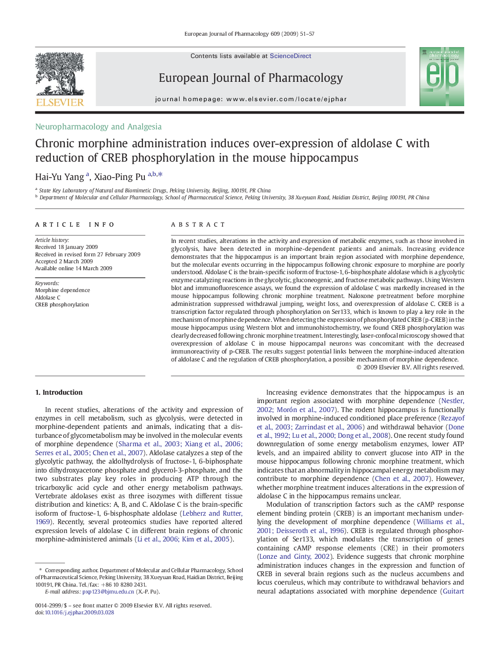 Chronic morphine administration induces over-expression of aldolase C with reduction of CREB phosphorylation in the mouse hippocampus