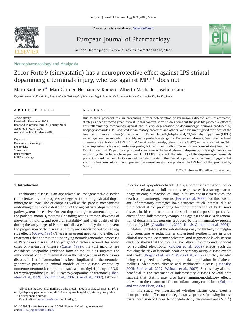 Zocor Forte® (simvastatin) has a neuroprotective effect against LPS striatal dopaminergic terminals injury, whereas against MPP+ does not