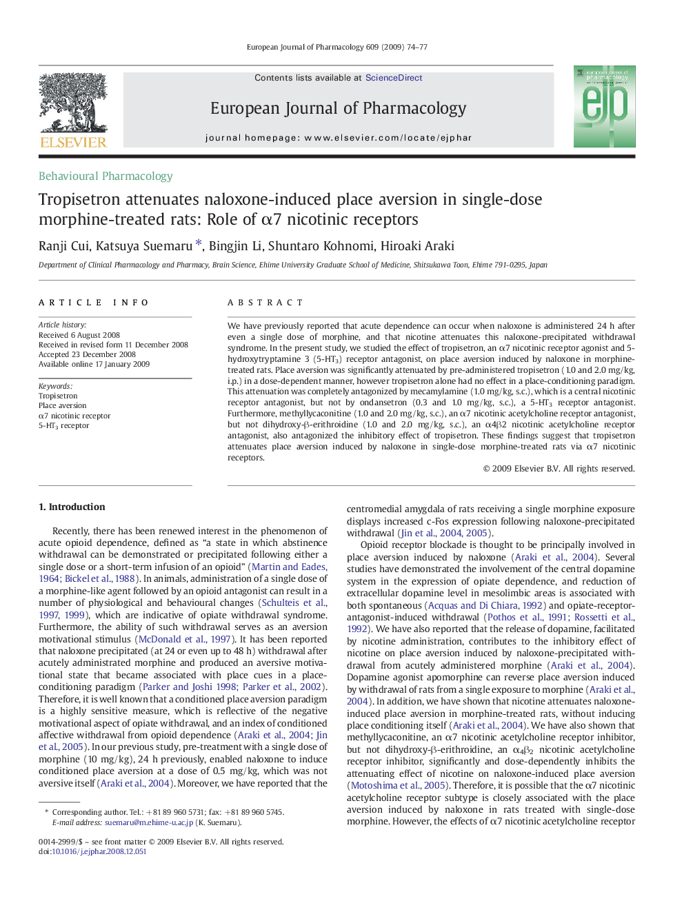 Tropisetron attenuates naloxone-induced place aversion in single-dose morphine-treated rats: Role of α7 nicotinic receptors