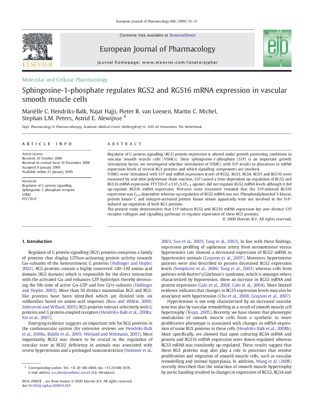 Sphingosine-1-phosphate regulates RGS2 and RGS16 mRNA expression in vascular smooth muscle cells