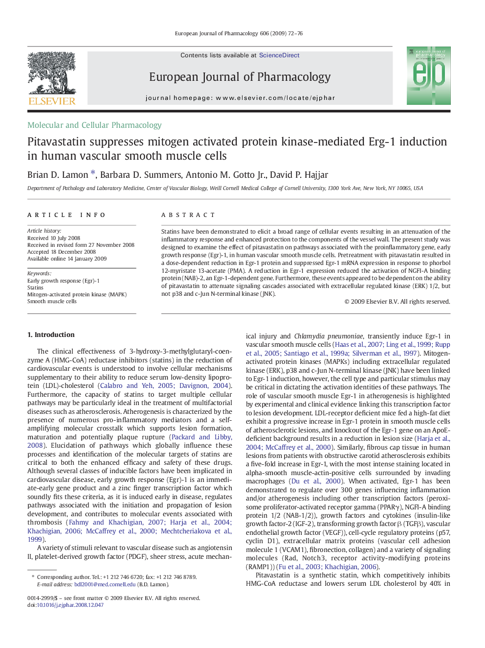 Pitavastatin suppresses mitogen activated protein kinase-mediated Erg-1 induction in human vascular smooth muscle cells